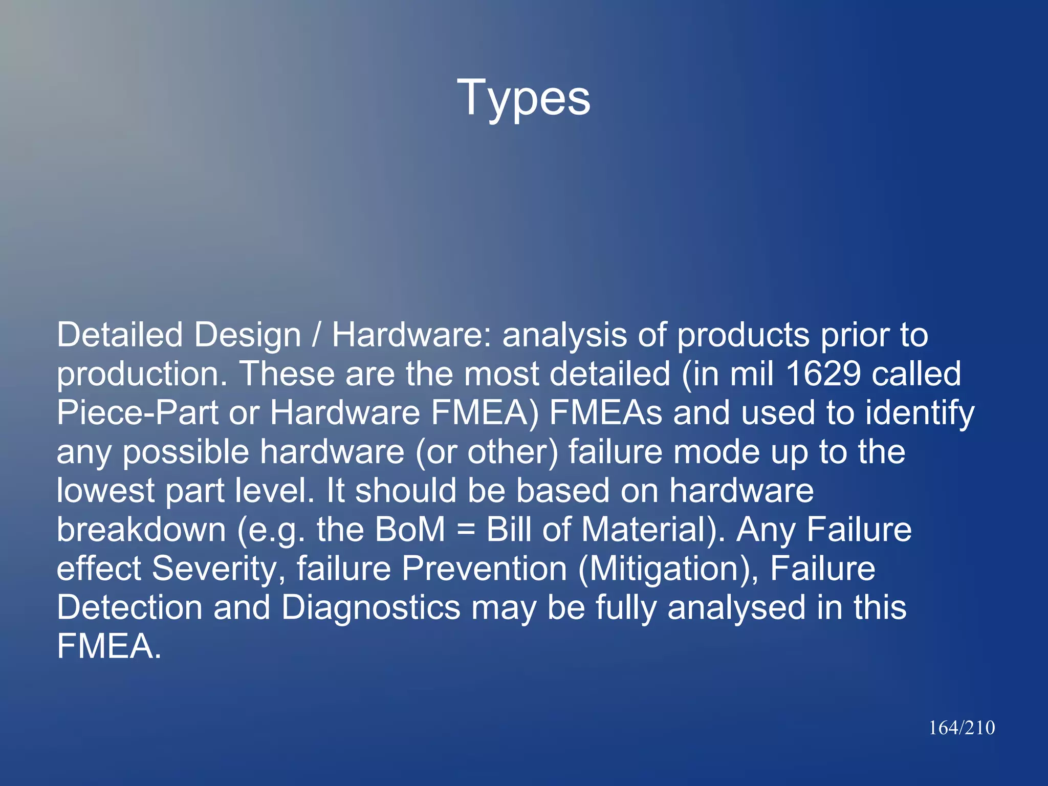 Types

Detailed Design / Hardware: analysis of products prior to
production. These are the most detailed (in mil 1629 called
Piece-Part or Hardware FMEA) FMEAs and used to identify
any possible hardware (or other) failure mode up to the
lowest part level. It should be based on hardware
breakdown (e.g. the BoM = Bill of Material). Any Failure
effect Severity, failure Prevention (Mitigation), Failure
Detection and Diagnostics may be fully analysed in this
FMEA.
164/210

 