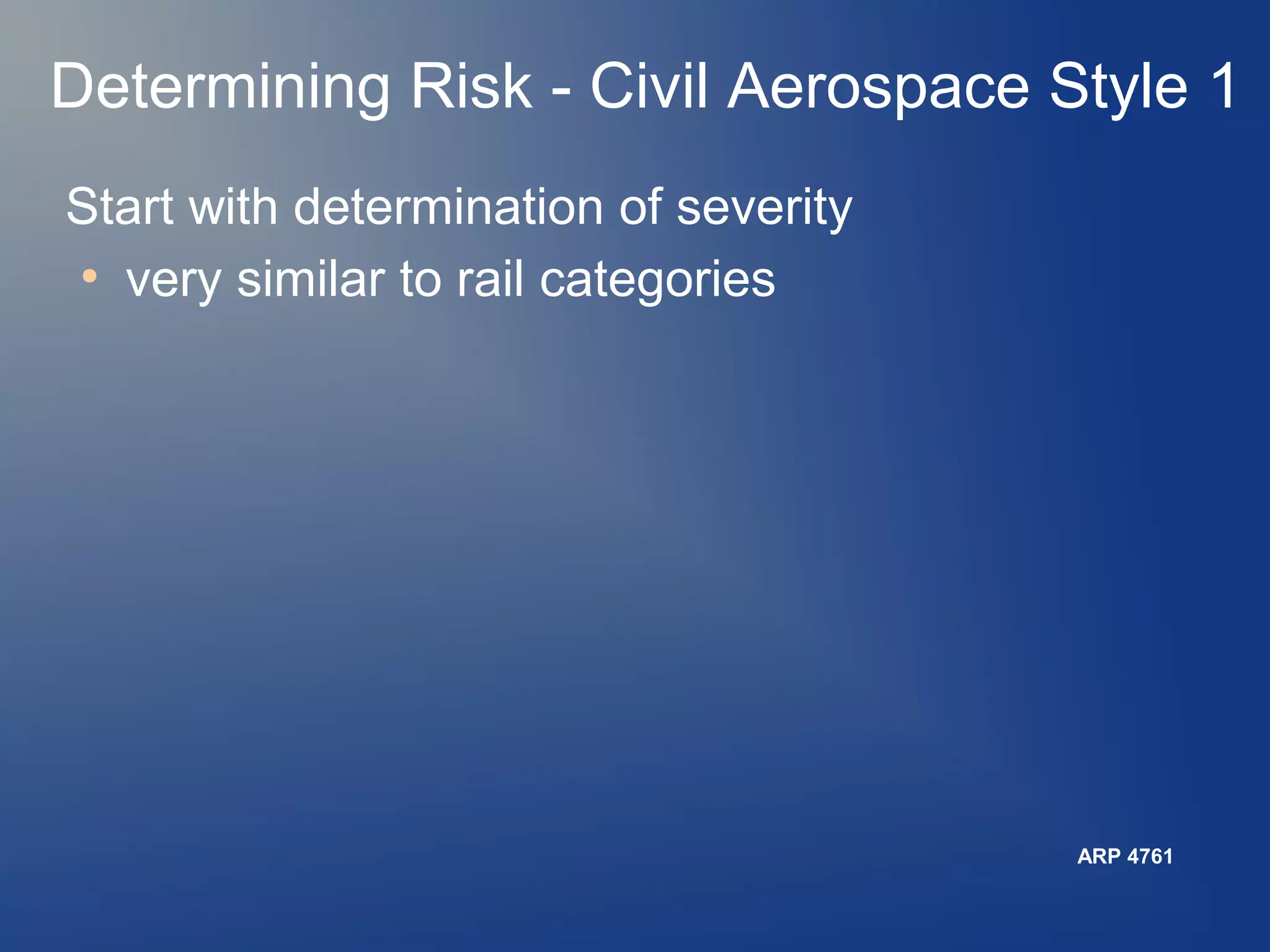 Determining Risk - Civil Aerospace Style 1
Start with determination of severity
●
very similar to rail categories

ARP 4761

 