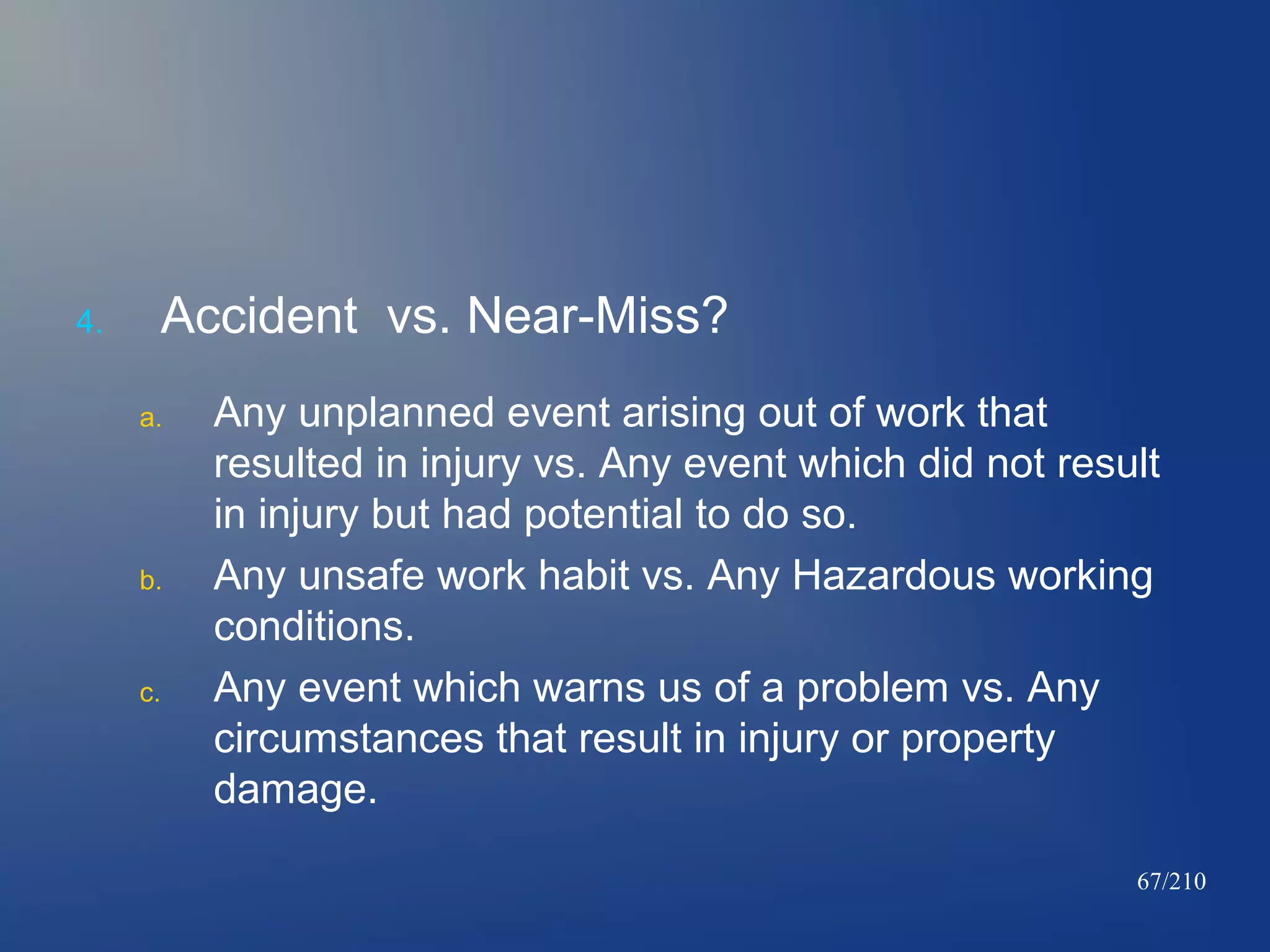 4.

Accident vs. Near-Miss?
a.

b.

c.

Any unplanned event arising out of work that
resulted in injury vs. Any event which did not result
in injury but had potential to do so.
Any unsafe work habit vs. Any Hazardous working
conditions.
Any event which warns us of a problem vs. Any
circumstances that result in injury or property
damage.
67/210

 