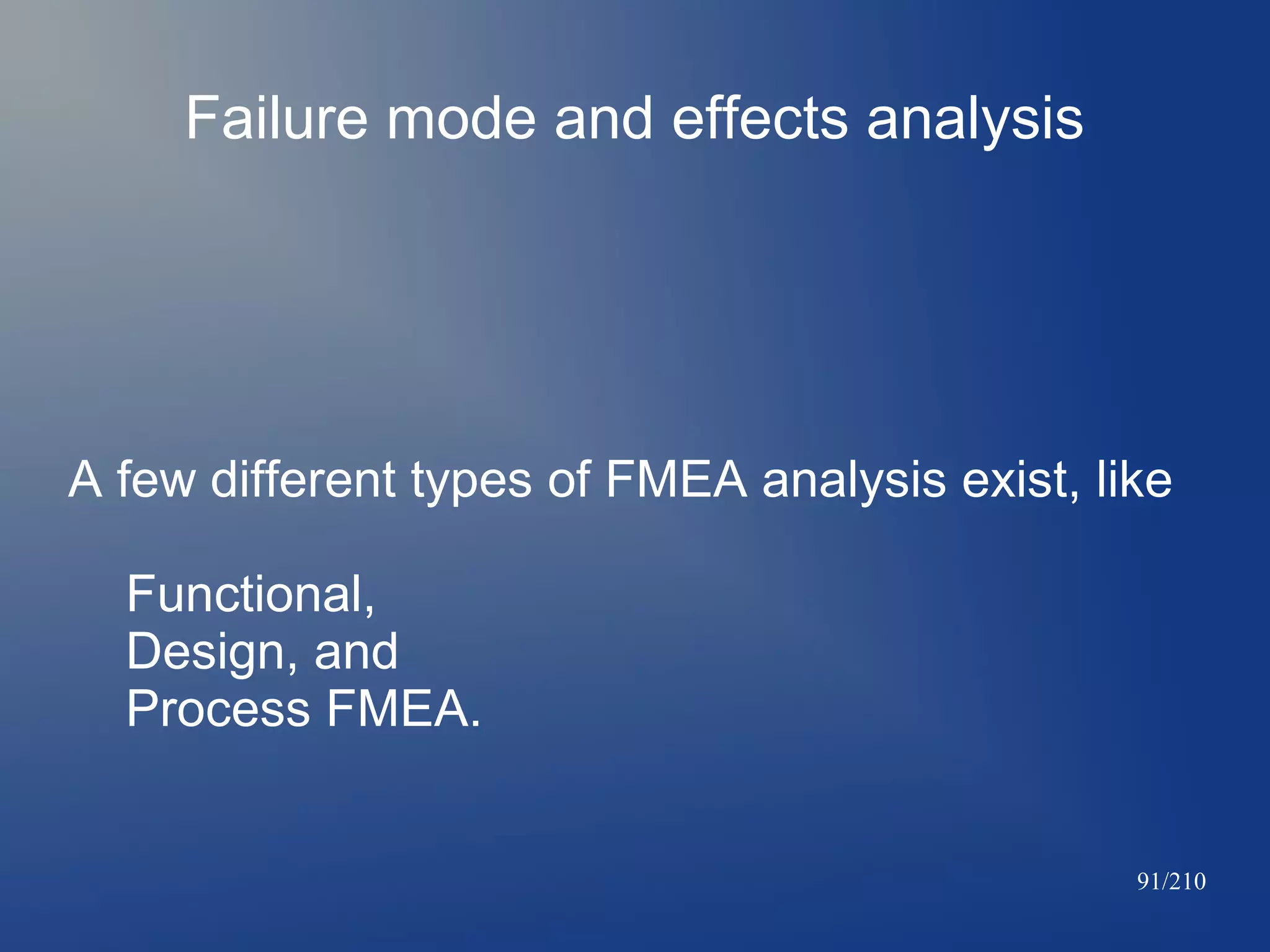 Failure mode and effects analysis

A few different types of FMEA analysis exist, like
Functional,
Design, and
Process FMEA.

91/210

 