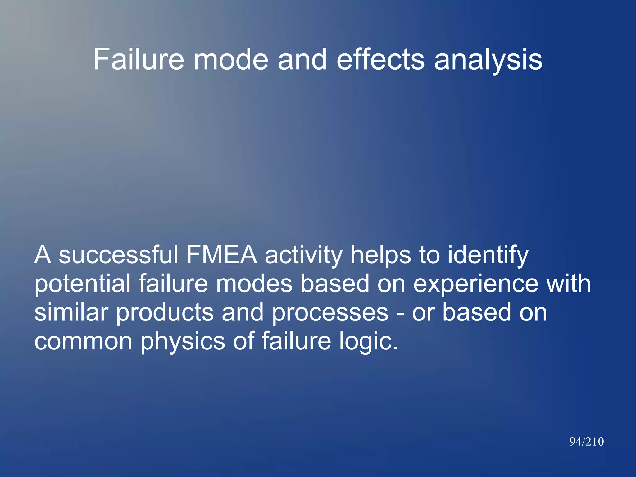 Failure mode and effects analysis

A successful FMEA activity helps to identify
potential failure modes based on experience with
similar products and processes - or based on
common physics of failure logic.

94/210

 