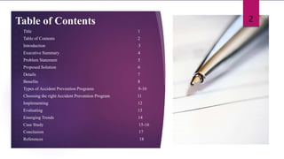 Table of Contents
• Title 1
• Table of Contents 2
• Introduction 3
• Executive Summary 4
• Problem Statement 5
• Proposed Solution 6
• Details 7
• Benefits 8
• Types of Accident Prevention Programs 9-10
• Choosing the right Accident Prevention Program 11
• Implementing 12
• Evaluating 13
• Emerging Trends 14
• Case Study 15-16
• Conclusion 17
• References 18
2
 