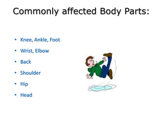 Commonly affected Body Parts:
• Knee, Ankle, Foot
• Wrist, Elbow
• Back
• Shoulder
• Hip
• Head
 