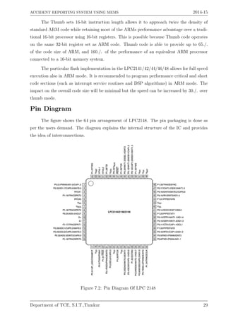 ACCIDENT REPORTING SYSTEM USING MEMS 2014-15
The Thumb sets 16-bit instruction length allows it to approach twice the density of
standard ARM code while retaining most of the ARMs performance advantage over a tradi-
tional 16-bit processor using 16-bit registers. This is possible because Thumb code operates
on the same 32-bit register set as ARM code. Thumb code is able to provide up to 65./.
of the code size of ARM, and 160./. of the performance of an equivalent ARM processor
connected to a 16-bit memory system.
The particular ﬂash implementation in the LPC2141/42/44/46/48 allows for full speed
execution also in ARM mode. It is recommended to program performance critical and short
code sections (such as interrupt service routines and DSP algorithms) in ARM mode. The
impact on the overall code size will be minimal but the speed can be increased by 30./. over
thumb mode.
Pin Diagram
The ﬁgure shows the 64 pin arrangement of LPC2148. The pin packaging is done as
per the users demand. The diagram explains the internal structure of the IC and provides
the idea of interconnections.
Figure 7.2: Pin Diagram Of LPC 2148
Department of TCE, S.I.T.,Tumkur 29
 