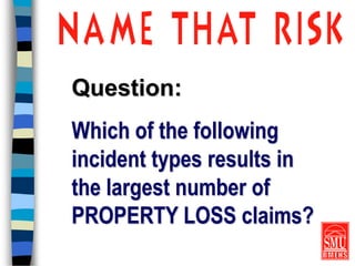 Question:
Which of the following
incident types results in
the largest number of
PROPERTY LOSS claims?
 