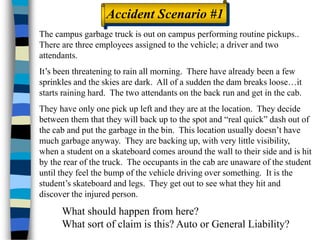 The campus garbage truck is out on campus performing routine pickups..
There are three employees assigned to the vehicle; a driver and two
attendants.
It’s been threatening to rain all morning. There have already been a few
sprinkles and the skies are dark. All of a sudden the dam breaks loose…it
starts raining hard. The two attendants on the back run and get in the cab.
They have only one pick up left and they are at the location. They decide
between them that they will back up to the spot and “real quick” dash out of
the cab and put the garbage in the bin. This location usually doesn’t have
much garbage anyway. They are backing up, with very little visibility,
when a student on a skateboard comes around the wall to their side and is hit
by the rear of the truck. The occupants in the cab are unaware of the student
until they feel the bump of the vehicle driving over something. It is the
student’s skateboard and legs. They get out to see what they hit and
discover the injured person.
Accident Scenario #1
What should happen from here?
What sort of claim is this? Auto or General Liability?
 