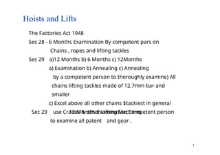 Hoists and Lifts
7
The Factories Act 1948
Sec 28 - 6 Months Examination By competent pars on
Chains , ropes and lifting tackles
Sec 29 a)12 Months b) 6 Months c) 12Months
a) Examination b) Annealing c) Annealing
by a competent person to thoroughly examine) All
chains lifting tackles made of 12.7mm bar and
smaller
c) Excel above all other chains $tackiest in general
use Cranes & other Lifting Machines
Sec 29 12 Months Examination Competent person
to examine all patent and gear .
 