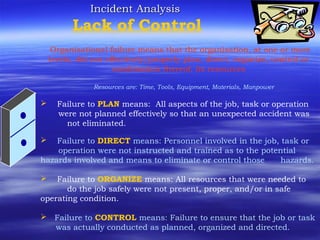 Incident AnalysisIncident Analysis
Lack of Control
Organisational failure means that the organisation, at one or more
levels, did not effectively/properly plan, direct, organize, control or
combination thereof, its resources
Resources are: Time, Tools, Equipment, Materials, Manpower
 Failure to PLAN means: All aspects of the job, task or operation
were not planned effectively so that an unexpected accident was
not eliminated.
 Failure to DIRECT means: Personnel involved in the job, task or
operation were not instructed and trained as to the potential
hazards involved and means to eliminate or control those hazards.
 Failure to ORGANIZE means: All resources that were needed to
do the job safely were not present, proper, and/or in safe
operating condition.
 Failure to CONTROL means: Failure to ensure that the job or task
was actually conducted as planned, organized and directed.
 