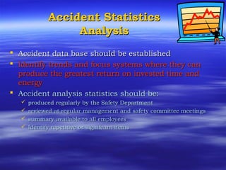 Accident StatisticsAccident Statistics
AnalysisAnalysis
 Accident data base should be establishedAccident data base should be established
 Identify trends and focus systems where they canIdentify trends and focus systems where they can
produce the greatest return on invested time andproduce the greatest return on invested time and
energyenergy
 Accident analysis statistics should be:Accident analysis statistics should be:
 produced regularly by the Safety Departmentproduced regularly by the Safety Department
 reviewed at regular management and safety committee meetingsreviewed at regular management and safety committee meetings
 summary available to all employeessummary available to all employees
 Identify repetitive or signifcant itemsIdentify repetitive or signifcant items
 