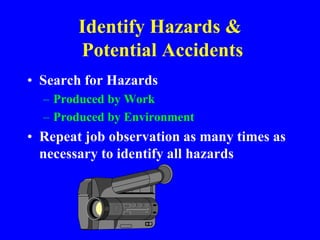 Identify Hazards &
Potential Accidents
• Search for Hazards
– Produced by Work
– Produced by Environment
• Repeat job observation as many times as
necessary to identify all hazards
 