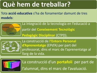 Què hem de treballar?
Tota acció educativa s’ha de fonamentar damunt de tres
models:
             La integració de la tecnologia en l’educació a
             partir del Coneixement Tecnològic
             Pedagògic Disciplinar (CTPD).
             La construcció de l’Entorn Personal
             d’Aprenentatge (EPd’A) per part del
             professorat, dins el marc de l’aprenentatge al
             llarg de la vida.

             La construcció d’un portafoli per part de
             l’alumnat, dins el marc de l’avaluació.
                          albert garcia iglesias              8
 