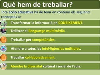 Què hem de treballar?
Tota acció educativa ha de tenir en contenir els següents
conceptes a:
      Transformar la informació en CONEIXEMENT.

      Utilitzar el llenguatge multimèdia.

      Treballar per competències.

      Atendre a totes les intel·ligències múltiples.

      Treballar col·laborativament.

      Atendre la diversitat cultural i social de l’aula.
 