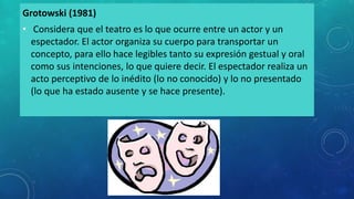 Grotowski (1981)
• Considera que el teatro es lo que ocurre entre un actor y un
espectador. El actor organiza su cuerpo para transportar un
concepto, para ello hace legibles tanto su expresión gestual y oral
como sus intenciones, lo que quiere decir. El espectador realiza un
acto perceptivo de lo inédito (lo no conocido) y lo no presentado
(lo que ha estado ausente y se hace presente).
 
