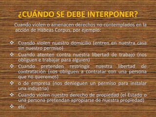¿CUÁNDO SE DEBE INTERPONER?
Cuando violen o amenacen derechos no contemplados en la
acción de Hábeas Corpus, por ejemplo:
 Cuando violen nuestro domicilio (entren en nuestra casa
sin nuestro permiso)
 Cuando atenten contra nuestra libertad de trabajo (nos
obliguen e trabajar para alguien)
 Cuando pretenden restringir nuestra libertad de
contratación (nos obliguen a contratar con una persona
que no queremos)
 o de empresa (nos denieguen un permiso para instalar
una industria)
 Cuando violen nuestro derecho de propiedad (el Estado o
una persona pretendan apropiarse de nuestra propiedad)
 etc.
 