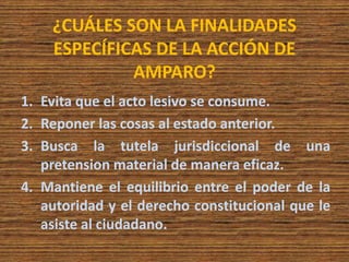 ¿CUÁLES SON LA FINALIDADES
ESPECÍFICAS DE LA ACCIÓN DE
AMPARO?
1. Evita que el acto lesivo se consume.
2. Reponer las cosas al estado anterior.
3. Busca la tutela jurisdiccional de una
pretension material de manera eficaz.
4. Mantiene el equilibrio entre el poder de la
autoridad y el derecho constitucional que le
asiste al ciudadano.
 