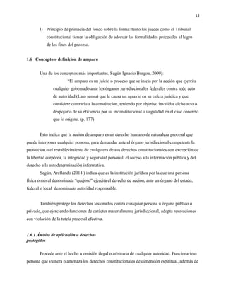 13
l) Principio de primacía del fondo sobre la forma: tanto los jueces como el Tribunal
constitucional tienen la obligación de adecuar las formalidades procesales al logro
de los fines del proceso.
1.6 Concepto o definición de amparo
Una de los conceptos más importantes. Según Ignacio Burgoa, 2009):
“El amparo es un juicio o proceso que se inicia por la acción que ejercita
cualquier gobernado ante los órganos jurisdiccionales federales contra todo acto
de autoridad (Lato sensu) que le causa un agravio en su esfera jurídica y que
considere contrario a la constitución, teniendo por objetivo invalidar dicho acto o
despojarlo de su eficiencia por su inconstitucional o ilegalidad en el caso concreto
que lo origine. (p. 177)
Esto indica que la acción de amparo es un derecho humano de naturaleza procesal que
puede interponer cualquier persona, para demandar ante el órgano jurisdiccional competente la
protección o el restablecimiento de cualquiera de sus derechos constitucionales con excepción de
la libertad corpórea, la integridad y seguridad personal, el acceso a la información pública y del
derecho a la autodeterminación informativa.
Según, Arellando (2014 ) indica que es la institución jurídica por la que una persona
física o moral denominada “quejoso” ejercita el derecho de acción, ante un órgano del estado,
federal o local denominado autoridad responsable.
También protege los derechos lesionados contra cualquier persona u órgano público o
privado, que ejerciendo funciones de carácter materialmente jurisdiccional, adopta resoluciones
con violación de la tutela procesal efectiva.
1.6.1 Ámbito de aplicación o derechos
protegidos
Procede ante el hecho u omisión ilegal o arbitraria de cualquier autoridad. Funcionario o
persona que vulnera o amenaza los derechos constitucionales de dimensión espiritual, además de
 