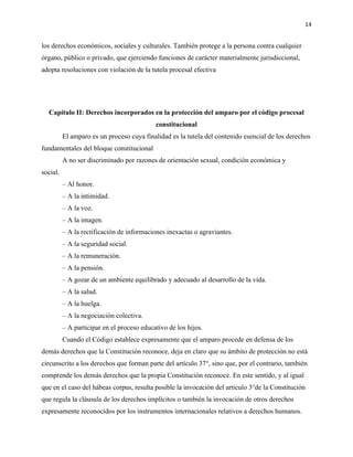 14
los derechos económicos, sociales y culturales. También protege a la persona contra cualquier
órgano, público o privado, que ejerciendo funciones de carácter materialmente jurisdiccional,
adopta resoluciones con violación de la tutela procesal efectiva
Capítulo II: Derechos incorporados en la protección del amparo por el código procesal
constitucional
El amparo es un proceso cuya finalidad es la tutela del contenido esencial de los derechos
fundamentales del bloque constitucional
A no ser discriminado por razones de orientación sexual, condición económica y
social.
– Al honor.
– A la intimidad.
– A la voz.
– A la imagen.
– A la rectificación de informaciones inexactas o agraviantes.
– A la seguridad social.
– A la remuneración.
– A la pensión.
– A gozar de un ambiente equilibrado y adecuado al desarrollo de la vida.
– A la salud.
– A la huelga.
– A la negociación colectiva.
– A participar en el proceso educativo de los hijos.
Cuando el Código establece expresamente que el amparo procede en defensa de los
demás derechos que la Constitución reconoce, deja en claro que su ámbito de protección no está
circunscrito a los derechos que forman parte del artículo 37°, sino que, por el contrario, también
comprende los demás derechos que la propia Constitución reconoce. En este sentido, y al igual
que en el caso del hábeas corpus, resulta posible la invocación del articulo 3°de la Constitución
que regula la cláusula de los derechos implícitos o también la invocación de otros derechos
expresamente reconocidos por los instrumentos internacionales relativos a derechos humanos.
 
