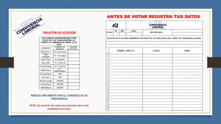 TARJETÓN DE VOTACIÓN
MARQUE ÚNICAMENTE POR EL CANDIDATO DE SU
PREFERENCIA
NOTA: Se anularán los votos que presenten dos o mas
candidatos marcados.
ANTES DE VOTAR REGISTRA TUS DATOS
 