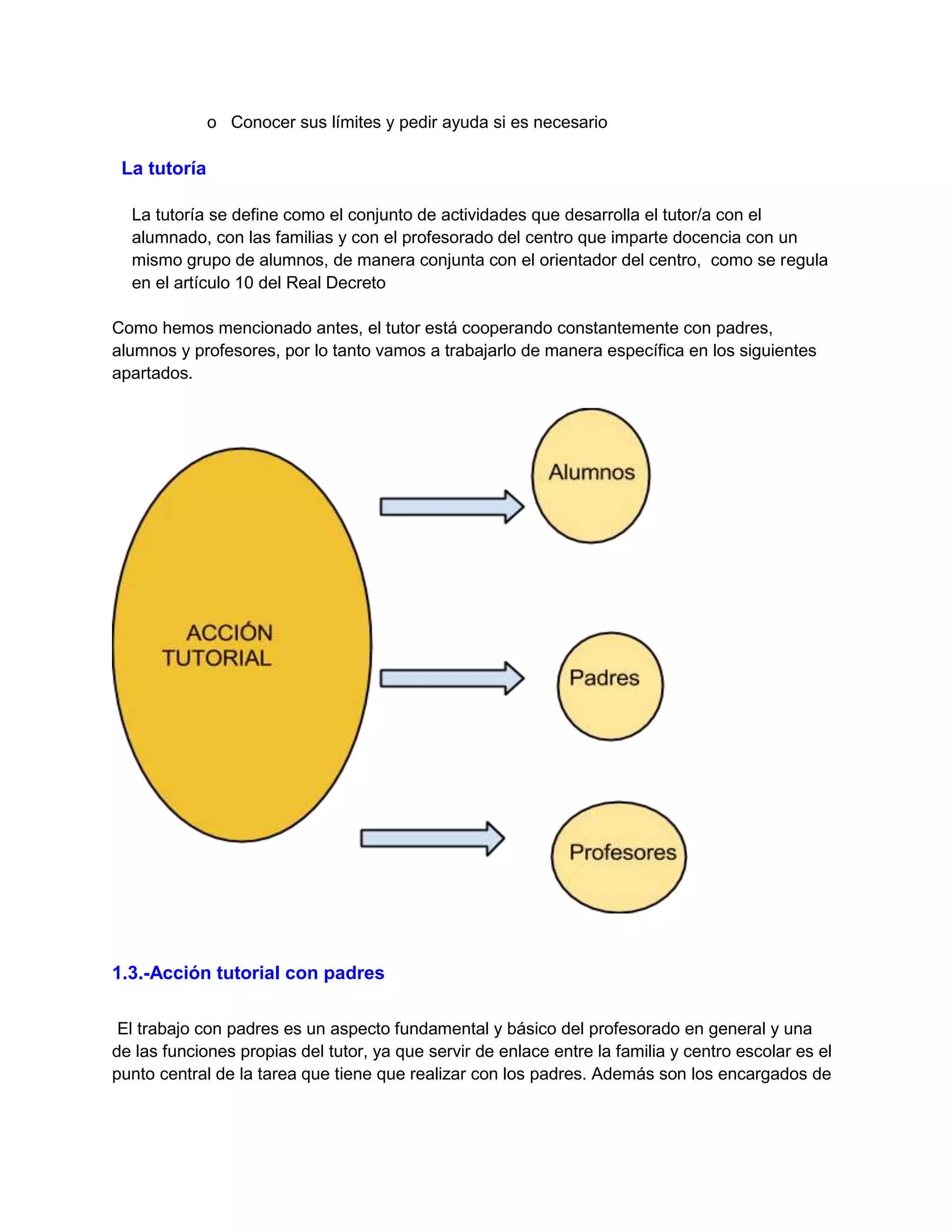 o Conocer sus límites y pedir ayuda si es necesario
La tutoría
La tutoría se define como el conjunto de actividades que desarrolla el tutor/a con el
alumnado, con las familias y con el profesorado del centro que imparte docencia con un
mismo grupo de alumnos, de manera conjunta con el orientador del centro, como se regula
en el artículo 10 del Real Decreto
Como hemos mencionado antes, el tutor está cooperando constantemente con padres,
alumnos y profesores, por lo tanto vamos a trabajarlo de manera específica en los siguientes
apartados.
1.3.-Acción tutorial con padres
El trabajo con padres es un aspecto fundamental y básico del profesorado en general y una
de las funciones propias del tutor, ya que servir de enlace entre la familia y centro escolar es el
punto central de la tarea que tiene que realizar con los padres. Además son los encargados de
 