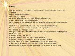 • TUTORÍA.
• Se realizará un breve comentario sobre los distintos temas trabajados y actividades
realizadas:
• Valorar el esfuerzo realizado.
• No comparar con nadie.
• Apreciar la diferencia entre el trabajo dirigido y el autónomo.
• Comentar el informe y los items evaluados:
• Hacer hincapié en que la situación del niño varía de un día para otro, experimentando
avances y retrocesos.
• Valorarlo en su justa medida, sin hacer comparaciones con otros niños.
• Concretar que sólo se resaltan los aspectos más significativos.
• Recordatorio de normas generales.
• Consejos orientadores sobre actividades a realizar en casa. Dedicarles del tiempo que
se disponga para:
• Contarles cuentos y recordarlos.
• Trabajar la memorización de cosas muy significativas.
• Trabajar el calendario, los días de la semana, los meses del año.
• Buscarles un rincón de la casa donde puedan recortar, hacer plastilina...
• Comentario de las actividades a realizar durante el trimestre siguiente.
• Recomendaciones para el verano cuando se trate de reunión de fin de curso.
 