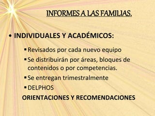 INFORMES A LAS FAMILIAS.
• INDIVIDUALES Y ACADÉMICOS:
Revisados por cada nuevo equipo
Se distribuirán por áreas, bloques de
contenidos o por competencias.
Se entregan trimestralmente
DELPHOS
ORIENTACIONES Y RECOMENDACIONES
 