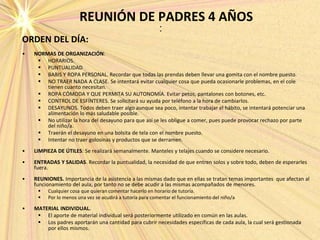 REUNIÓN DE PADRES 4 AÑOS•
•
ORDEN DEL DÍA:
• NORMAS DE ORGANIZACIÓN:
 HORARIOS.
 PUNTUALIDAD
 BABIS Y ROPA PERSONAL. Recordar que todas las prendas deben llevar una gomita con el nombre puesto.
 NO TRAER NADA A CLASE. Se intentará evitar cualquier cosa que pueda ocasionarle problemas, en el cole
tienen cuanto necesitan.
 ROPA CÓMODA Y QUE PERMITA SU AUTONOMÍA. Evitar petos, pantalones con botones, etc.
 CONTROL DE ESFÍNTERES. Se solicitará su ayuda por teléfono a la hora de cambiarlos.
 DESAYUNOS. Todos deben traer algo aunque sea poco, intentar trabajar el hábito, se intentará potenciar una
alimentación lo más saludable posible.
 No utilizar la hora del desayuno para que así se les obligue a comer, pues puede provocar rechazo por parte
del niño/a.
 Traerán el desayuno en una bolsita de tela con el nombre puesto.
 Intentar no traer golosinas y productos que se derramen.
• LIMPIEZA DE ÚTILES: Se realizará semanalmente. Manteles y telajes cuando se considere necesario.
• ENTRADAS Y SALIDAS. Recordar la puntualidad, la necesidad de que entren solos y sobre todo, deben de esperarles
fuera.
• REUNIONES. Importancia de la asistencia a las mismas dado que en ellas se tratan temas importantes que afectan al
funcionamiento del aula, por tanto no se debe acudir a las mismas acompañados de menores.
 Cualquier cosa que quieran comentar hacerlo en horario de tutoría.
 Por lo menos una vez se acudirá a tutoría para comentar el funcionamiento del niño/a
• MATERIAL INDIVIDUAL.
 El aporte de material individual será posteriormente utilizado en común en las aulas.
 Los padres aportarán una cantidad para cubrir necesidades específicas de cada aula, la cual será gestionada
por ellos mismos.
 