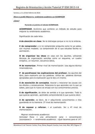 Registro de Orientación y Acción Tutorial 3º ESO 2013-14
Miembros E. de Tutores: Carlos, Fran, Elena, Raquel, Concha, Luis, Lola, Mar, MªJ.Página 17
Sonseca, a 3 y 10 de Febrero de 2014.
Ahora es posible Mejorar tu rendimiento académico con ACOMPASAR
¿Cómo?
Poniendo en práctica el método ACOMPASAR.
ACOMPASAR. Acrónimo que contiene un método de estudio para
mejorar tu rendimiento académico.
Significación de cada letra.
A de atención en clase. No te distraigas porque si no no te enteras.
C de comprender y si no comprendes pregunta como tú ya sabes,
con muchos modales. La comprensión de lo que estudias facilita su
asimilación.
O de organizar las ideas en casa con los apuntes, utilizando
técnicas de organización sencillas como un esquema, un cuadro
sinóptico, un resumen, secuencia datos,
M de memorizar. Primer nivel de memorización. Usa alguna técnica
mnemotécnica.
P de parafrasear las explicaciones del profesor, los apuntes del
libro, para explicarlo con tus palabras. Utiliza las palabras técnicas
apropiadas para la explicación que te des a ti mismo.
A de asociación de conceptos. Asociar y relacionar las causas con
los efectos y consecuencias. Relaciona lo que aprendes con lo que ya
sabes, para que lo nuevo se encaje con tus conocimientos previos.
S de significación, de dotar de sentido a lo que aprendes. Todo lo
que quieras aprender, apréndelo comprendiendo lo que quieres decir.
A de aprender, es decir, de ir adquiriendo conocimientos e irlos
guardando en la memoria. 2º nivel de memorización
R de repasar y reforzar, r al cuadrado. 3er y 4º nivel de
memorización.
Mejorar rendimiento académico:
Actividad física + una alimentación sana + concentración
(acompasar)= + rendimiento académico. ¿Qué hacemos para el 14?
 