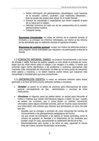 Plan de acción tutorial con las familias
5
Darles información del planteamiento metodológico: ¿qué hacemos
en la escuela?, ¿cómo?, ¿cuándo?, ¿qué materiales utilizamos?...
Esto les puede dar pautas para actuar en el medio familiar.
Conocer las inquietudes y expectativas que tienen respecto al paso
de su hijo/a por el colegio.
Delimitar funciones de cada uno de los componentes de la reunión:
padres/madres-maestra.
Compartir tareas.
Reuniones trimestrales: en éstas, se informa de lo acaecido durante el
trimestre y se entregan los informes individuales, así mismo se les informa
de las actividades que se realizarán durante el siguiente trimestre.
Reuniones de carácter puntual: surgen con motivo de diferentes temas o
para preparar ciertas actividades que requieren una participación activa de la
familia.
1.2-CONTACTO INFORMAL DIARIO: se produce frecuentemente a las horas
de entrada y salida. Aunque los padres, pasado un mes desde el principio de curso,
dejan que los niños entren solos al colegio y los recogen a la salida, si tienen que
comentar algún hecho significativo a las profesoras o viceversa, aprovechan este
momento. Este intercambio de información no debe ser el único punto de encuentro
entre padres y maestros, y no deben tratarse ciertos temas que requieran más
tranquilidad e intimidad para que sean provechosos.
1.3.-INFORMACION ESCRITA: A veces, es necesario informar sobre temas
generales y se hace de forma escrita utilizando carteles o circulares:
Carteles: se ponen en el tablón de anuncios para informaciones de orden
general, principalmente de tipo administrativo y anuncios de otras
instituciones.
Circulares: en algunos casos los padres tienen un acceso poco frecuente al
Centro e interesa que ciertas informaciones lleguen a todos. Es aquí cuando
se utilizan las circulares, que a veces tienen un carácter meramente
informativo sobre alguna actividad concreta, pero en muchos casos transmiten
una información más extensa que interese que permanezca en casa. De este
tipo son:
- Aquellas que se entregan a principio de curso incluyendo las normas de
funcionamiento y los planteamientos pedagógicos del Centro.
- Las que sirven de orientación a los padres en temas puntuales, como la
compra de juguetes en Navidad o el tratamiento de los conflictos que
puedan surgir en casa, aprovechando la celebración del día de la Paz.
- Recomendaciones para ayudar a los niños en casa, siguiendo la misma
línea del Centro, durante los períodos vacacionales.
 