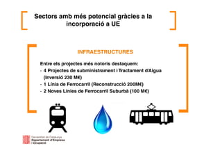 Sectors amb més potencial gràcies a la
incorporació a UE
INFRAESTRUCTURES
Entre els projectes més notoris destaquem:
- 4 Projectes de subministrament i Tractament d’Aigua
(Inversió 230 M€)
- 1 Línia de Ferrocarril (Reconstrucció 200M€)
- 2 Noves Línies de Ferrocarril Suburbà (100 M€)
 
