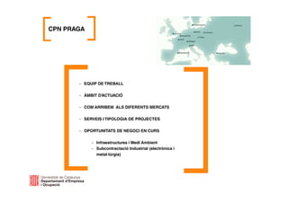 CPN PRAGA
- EQUIP DE TREBALL
- ÀMBIT D’ACTUACIÓ
- COM ARRIBEM ALS DIFERENTS MERCATS
- SERVEIS I TIPOLOGIA DE PROJECTES
- OPORTUNITATS DE NEGOCI EN CURS
- Infraestructures i Medi Ambient
- Subcontractació Industrial (electrònica i
metal·lúrgia)
 