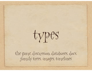 types
the game. discussion. databases. docs.
   family trees. images. timelines
 
