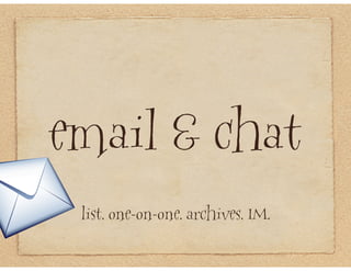 email & chat
 list. one-on-one. archives. IM.
 