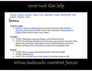 create tools that help




section bookmarks. consistent format.
 