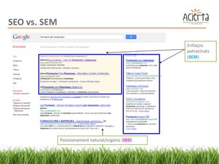 SEO vs. SEM

                                                    Enllaços
                                                    patrocinats
                                                    (SEM)




              Posicionament natural/orgànic (SEO)
 