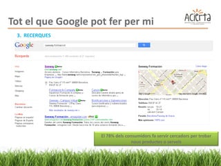 Tot el que Google pot fer per mi
 3. RECERQUES




                    El 78% dels consumidors fa servir cercadors per trobar
                                   nous productes o serveis
 