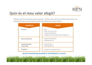 Quin és el meu valor afegit?
  Tothom entén la importància de presentar i vendre valor, però per vendre valor primer cal
  comprendre des de la perspectiva del client potencial el que valoren.

                  AUDIÈNCIA                                     VALOR

            Executiu                       •   ROI
                                           •   Valor de les accions
                                           •   Impacte del balanç
                                           •   Impacte de les declaracions d'ingressos

            Direcció General               • Suport d'iniciatives
                                           • Maneig del risc

            Comandaments                   • Productivitat
            Intermedis                     • Maneig del risc

            Empleats                       • Facilitar un treball o tasca

              Ara és el moment que presentis el teu Producte i / o servei
 