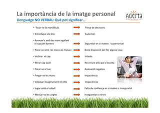 La importància de la imatge personal
Llenguatge NO VERBAL: Què pot significar…
         • Tocar-se la mandíbula              Presa de decisions

         • Entrellaçar els dits               Autoritat

         • Asseure’s amb les mans agafant
          el cap per darrere                  Seguretat en sí mateix i superioritat

         • Parar-se amb les mans als malucs   Bona disposició per fer alguna cosa

         • Inclinar el cap                    Interès

         • Mirar cap avall                    No creure allò que s’escolta

         • Tocar-se el nas                    Avaluació negativa

         • Fregar-se les mans                 Impaciència

         • Colpejar lleugerament els dits     Impaciència

         • Jugar amb el cabell                Falta de confiança en sí mateix e inseguretat

         • Menjar-se les ungles               Inseguretat o nervis
 