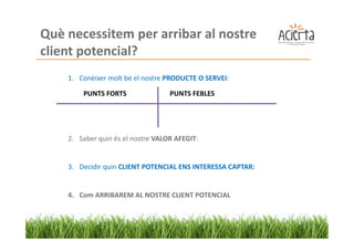 Què necessitem per arribar al nostre
client potencial?
    1. Conèixer molt bé el nostre PRODUCTE O SERVEI:

        PUNTS FORTS                PUNTS FEBLES




    2. Saber quin és el nostre VALOR AFEGIT:


    3. Decidir quin CLIENT POTENCIAL ENS INTERESSA CAPTAR:


    4. Com ARRIBAREM AL NOSTRE CLIENT POTENCIAL
 