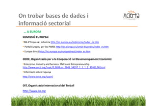 On trobar bases de dades i
informació sectorial
 … A EUROPA
 COMISSIÓ EUROPEA:
  DG d’Empresa i industria http://ec.europa.eu/enterprise/index_es.htm
  Portal Europeu per les PIMES http://ec.europa.eu/small-business/index_es.htm
  Europe direct http://ec.europa.eu/europedirect/index_es.htm

 OCDE, Organització per a la Cooperació i el Desenvolupament Econòmic:
  Enterprise, Industry and Services: SMEs and Entrepreneurship
 http://www.oecd.org/topic/0,3699,en_2649_34197_1_1_1_1_37461,00.html
  Informació sobre Espanya
 http://www.oecd.org/spain/


 OIT, Organització internacional del Treball
 http://www.ilo.org
 