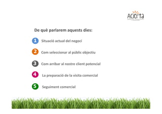De què parlarem aquests dies:

1 Situació actual del negoci

2 Com seleccionar al públic objectiu

3   Com arribar al nostre client potencial

4   La preparació de la visita comercial

5   Seguiment comercial
 