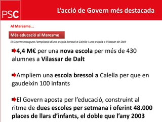 L’acció de Govern més destacada A Lleida...Nou centre de recercaalimentàriaS’inaugura el Parc Científic i Tecnològic Agroalimentari com a aposta estratègica de Ponent per liderar el sector55,3 M€ per construir un potent viver d’empreses iequipaments de recerca. En breu s’hi ubicaran:Fruitcentre(per a investigacionssobre la cadena de la fruita, impulsat per l’IRTA) 