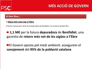L’acció de Govern més destacada Impuls a l’obra públicaEl Govern adjudica projectes i obres en infraestructuresi equipamentsper valor de 19,4 M€15 M€ per obres públiques, i 4,4 M€ per redacció deprojectes i estudisper futuresobres. Per exemple:Nova escola de 4 M€ a Bigues i Riells (Vallès Oriental)
