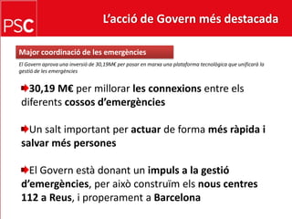 L’acció de Govern més destacada Méscrèdits a l’activitatempresarialEl Govern aprova una nova línia de crèditsadreçats a pimes i autònoms. La Generalitat destina 2 M€ per facilitar el finançament del circulant a les empreses del sector del comerçEl Govern dona suportalscomerciants de Catalunyaperquèpuguin continuar la sevaactivitatfacilitant-losl’adquisiciód’actius i circulantEl Govern crea una nova línia de crèdits per a pimes iautònomsque tinguinnecessitats d’imports petits. Elspodrantornar a llargterminiDavantla crisi, el Governacompanya les empreses:s’hanmobilitzat recursos per un importequivalent al 15% delsPressupostos del 2009 (9.250 M€)