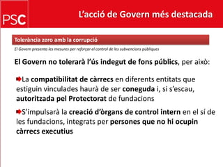 L’acció de Govern més destacada Tolerànciazeroamb la corrupcióEl Govern presenta les mesures per reforçar el control de les subvencions públiquesEl Govern no toleraràl’úsindegut de fonspúblics, per això:La compatibilitat de càrrecsen diferentsentitats que estiguinvinculadeshaurà de ser coneguda i, si s’escau, autoritzadapelProtectoratde fundacionsS’impulsarà la creaciód’òrgans de control internen el sí de les fundacions, integrats per persones que no hiocupincàrrecsexecutius