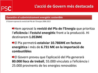 L’acció de Govern més destacada Garantim el subministramentenergèticsostenibleEl Governaprova la revisió del Pla de l’Energia 2006-2015Hemaprovat la revisió del Pla de l’Energiaque prioritzal’eficiènciail’estalvienergèticfront a la producció. Hidestinarem1.053M€ El Pla permetràestalviar 10.786M€ en factura energèticai més de 6.731 M€ en la importació de combustiblesEl Governpreveu que l’aplicació del Pla generarà80.000 llocs de treball, 55.000 vinculats a l’eficiència i 25.000 provinents de les energies renovables