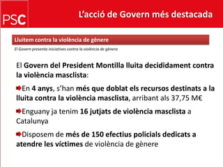 L’acció de Govern més destacada Lluitem contra la violència de gènereEl Govern presenta iniciatives contra la violència de gèneraEl Govern del President Montilla lluitadecididament contra la violènciamasclista:En 4 anys, s’hanmés que doblatels recursos destinats a la lluita contra la violènciamasclista, arribantals 37,75 M€Enguanyjatenim16 jutjats de violènciamasclistaa CatalunyaDisposem de més de 150 efectiuspolicialsdedicats a atendre les víctimes de violència de gènere