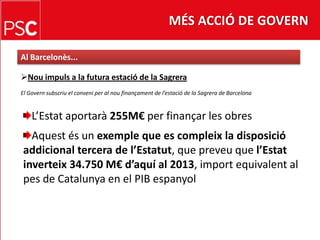 MÉS ACCIÓ DE GOVERNAl Barcelonès...Nouimpuls a la futura estació de la SagreraEl Governsubscriu el conveni per al noufinançament de l’estació de la Sagrera de BarcelonaL’Estataportarà255M€ per finançar les obresAquestés un exemple que es compleix la disposicióaddicional tercera de l’Estatut, que preveu que l’Estatinverteix 34.750 M€ d’aquí al 2013, importequivalent al pes de Catalunya en el PIB espanyol