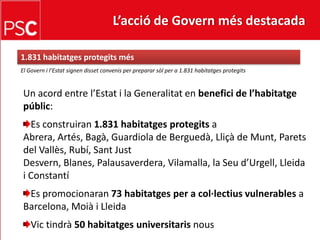 L’acció de Govern més destacada 1.831 habitatgesprotegitsmésEl Govern i l’Estat signen disset convenis per preparar sòl per a 1.831 habitatges protegitsUn acord entre l’Estat i la Generalitat en benefici de l’habitatgepúblic:Es construiran1.831 habitatgesprotegitsa Abrera, Artés, Bagà, Guardiola de Berguedà, Lliçà de Munt, Parets del Vallès, Rubí, SantJustDesvern, Blanes, Palausaverdera, Vilamalla, la Seud’Urgell, Lleida i ConstantíEs promocionaran 73 habitatges per a col·lectius vulnerables a Barcelona, Moià i LleidaVic tindrà50 habitatgesuniversitarisnous