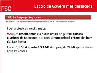 L’acció de Govern més destacada 1.831 habitatgesprotegitsmésEl Govern i l’Estat signen disset convenis per preparar sòl per a 1.831 habitatges protegitsI per protegirelsnuclisantics:Així, es rehabilitaran elsnuclisanticsde gairebétotselsdistrictes de Barcelona, aixícom la remodelació urbana del barri del Bon PastorPer això, l’Estataportarà 5,4 M€ delsprop de 27 M€ que costaran aquestes obres