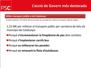 L’acció de Govern més destacada Millortransportpúblic a tot CatalunyaEl Govern destina 1,15 milions d’euros en ajuts als municipis per millorar el transport urbà de viatgers1,15 M€ per millorar el transportpúblic per carretera de totselsmunicipis de Catalunya:Perquès’incrementaran la freqüència de pasdelscomboisPerquès’implantarancarrils busPerquèes milloraran les paradesPerquèes renovarà la flota d’autobusos